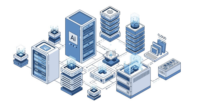 An isometric illustration of a futuristic AI data center with various servers and cloud computing systems connected in a network.