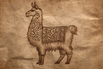 Fototapeta premium Illustration of a standing llama with ornate blanket, vintage art print