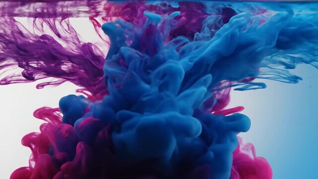 Vivid red ink diffusing in water with blue background