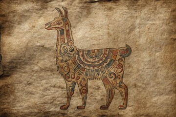 Fototapeta premium Ancient Andean Llama Drawing, Historic Art on Aged Parchment Texture Background