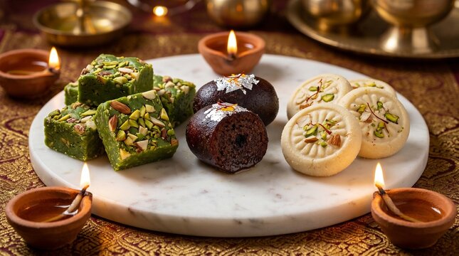 Assorted traditional Indian sweets mithai on marble platter with burning oil lamps diyas for diwali celebration soft warm lighting cultural festival background