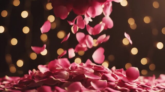 Soft pink rose petals scattered across a dark background with glowing bokeh lights.