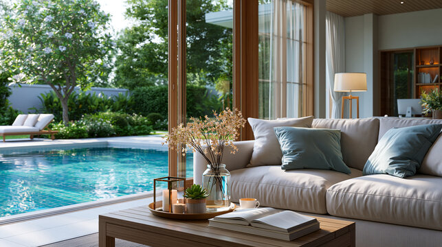 A soft luxury viewing gallery opens up overlooking a calm private swimming pool in a bright garden viewing gallery faceless interior modern facility daylight workspace