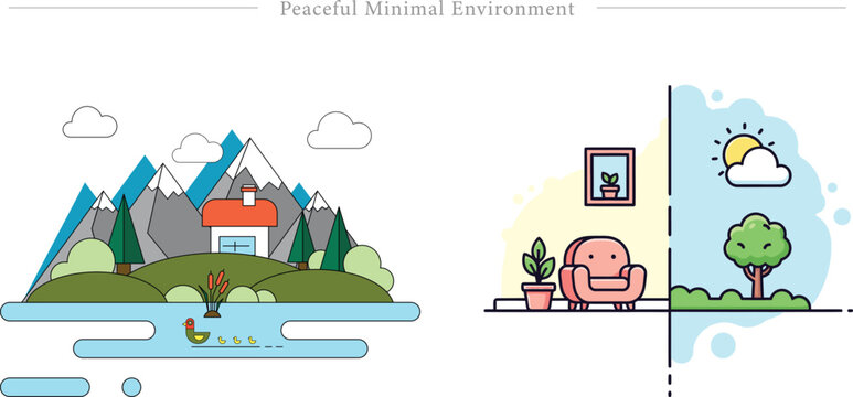 Peaceful Minimal Environment Flat Vector Alpine Lakeside Home Indoor Outdoor Harmony Illustration