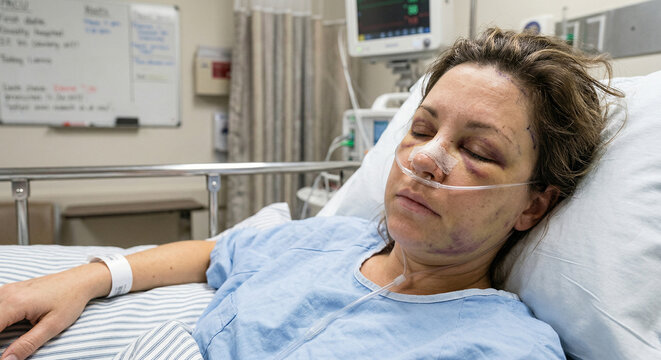 Close-up of post-surgical facial swelling and bruising in recovery room