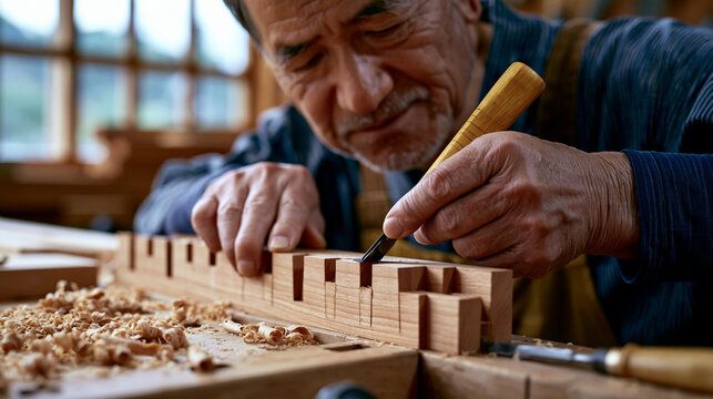 Elderly Japanese artisan hand-filing dovetail joints in a cherry wood cabinet, workshop window framing a quiet rural summer landscape outside, perfect for precision woodworking, master craftsmanship