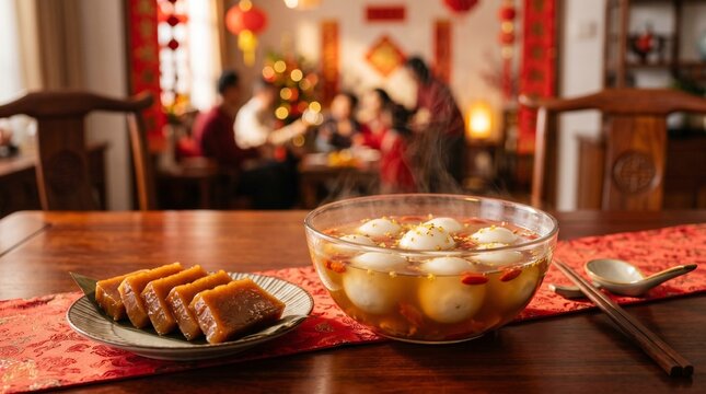 Traditional Chinese Tangyuan and Nian Gao served on a festive table with family gathering in blurry background under warm ambient lighting for Lunar New Year celebration.