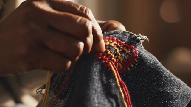 Person's hands embroidering red and yellow pattern on jeans
