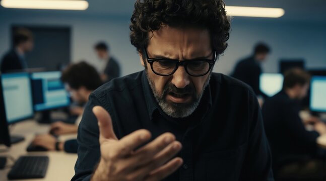 Stressed man with glasses gestures wildly in busy office. People work on computers in background. He seems upset about tech issue or work problem.