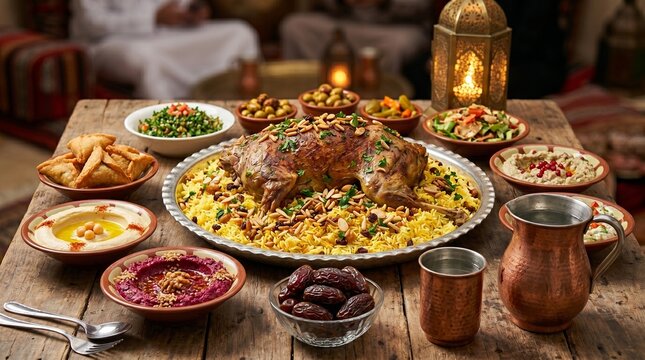Traditional Middle Eastern Ramadan Iftar feast featuring roasted lamb with rice, assorted mezze appetizers, and dates under warm golden lighting for festive celebration.