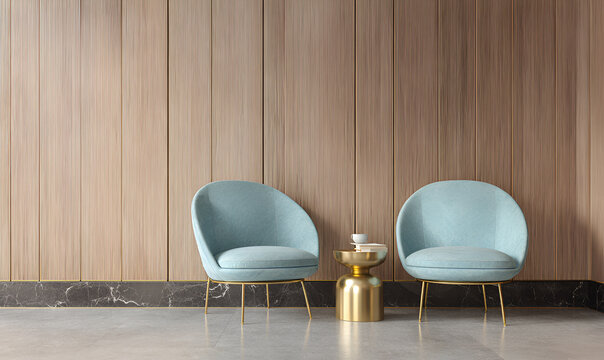 Two light blue, rounded chairs flank a small, ornate gold table holding decor, set against a wooden panel wall and marble border