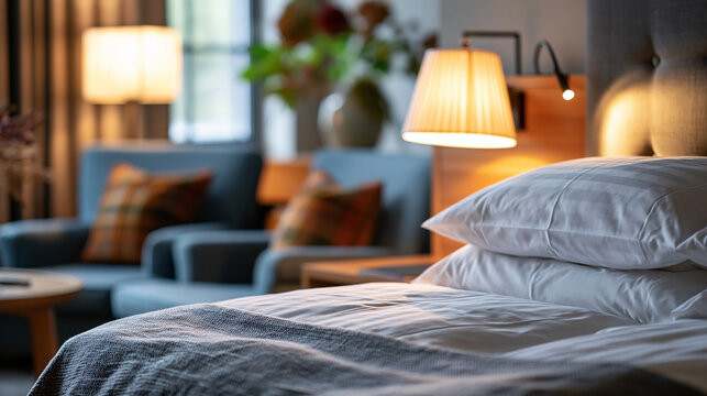 A big comfortable bed glows softly with calm armchairs and gentle lamps in a bright stylish hotel room hotel room faceless interior modern facility daylight workspace