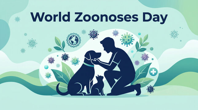 World Zoonoses Day animal human health awareness concept with veterinary care and disease prevention illustration