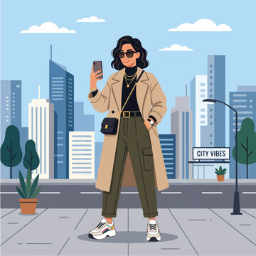 Woman standing on city sidewalk holding phone.