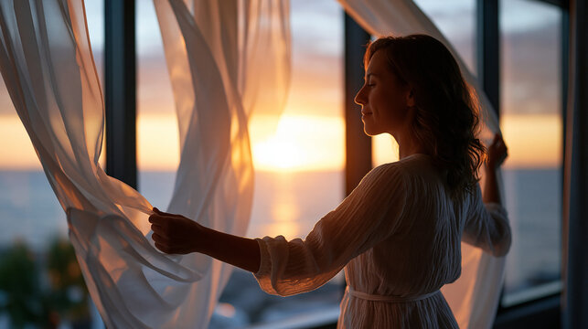 A figure silhouette opens soft white flying curtains looking at a calm bright sunrise above the sea from a luxury hotel curtain opening faceless silhouette modern interior