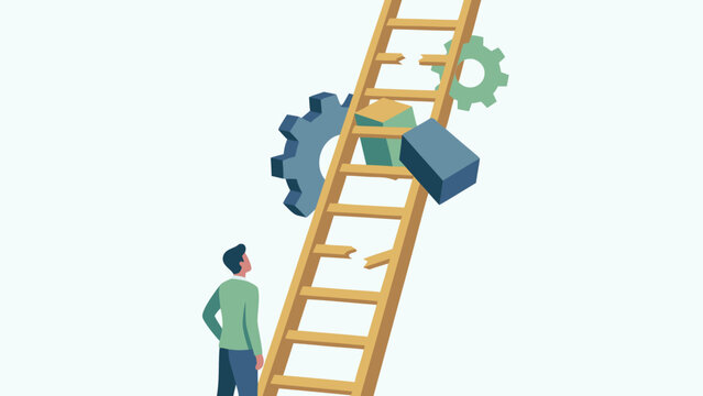 Flat Vector Illustration of a Businessman Looking Up at a Broken Wooden Ladder with Missing Rungs and Floating Gears, Representing Career Obstacles, Business Challenges, and Path to Success.