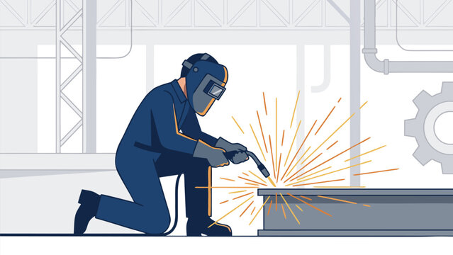 Flat Vector Illustration of a Professional Welder Wearing a Protective Mask and Blue Jumpsuit Working on a Metal Beam with Bright Orange Sparks Flying in an Industrial Manufacturing Factory.