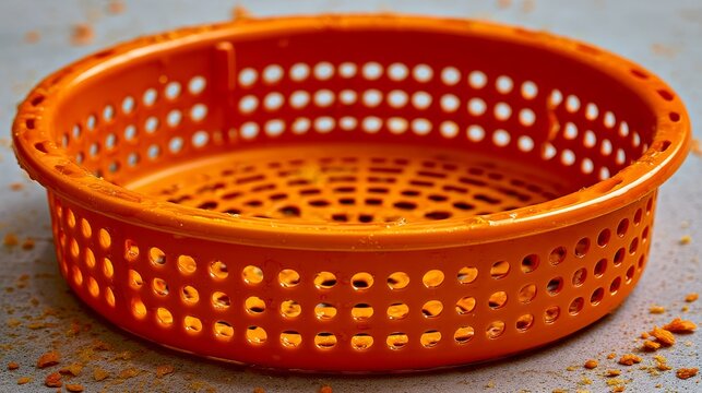 Bright orange kitchen sieve colander for baking ingredients or straining food