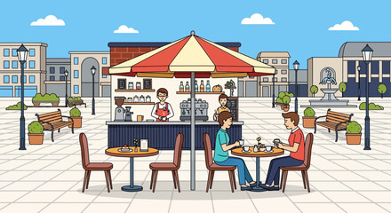 Outdoor cafe scene with people enjoying coffee and conversation in a city square. © Andry