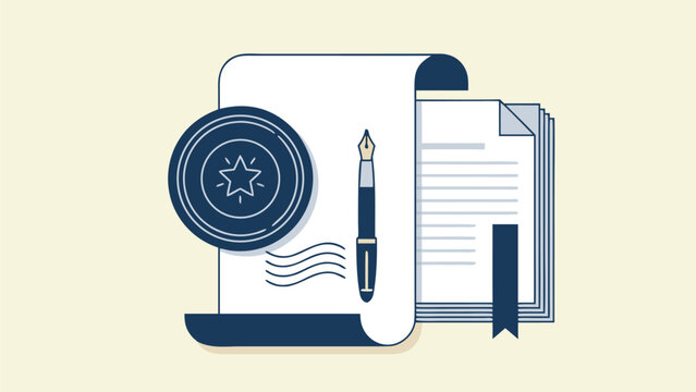 Notary Public Stamp and Seal on Official Document with Fountain Pen and Stack of Legal Papers, Flat Vector Illustration for Law, Certification, Contract Agreement, and Professional Services.