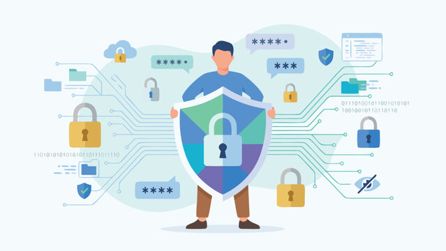 Cybersecurity Concept Vector Illustration of a Man Holding a Large Shield with Padlock Icon, Surrounded by Digital Security Symbols, Passwords, Binary Code, and Locks for Data Protection.