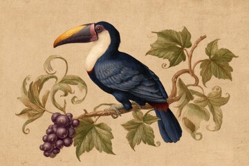 Fototapeta premium Historical Bird and Fruit Botanical Illustration on Vintage Paper Texture
