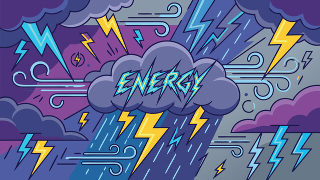 Stylized Thunderstorm Background with Lightning Bolts and Energy Text. Flat Vector Illustration of a Powerful Storm with Clouds, Wind, and Rain. Vibrant Weather and Power Theme Graphic Design.