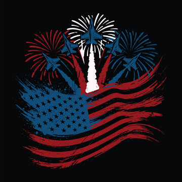 Patriotic American Flag with Fighter Jets and Fireworks Vector Illustration