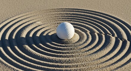 Naklejka premium A white golf ball centered on a zen garden sand pattern representing the concept of an alvo in a peaceful and minimalist atmosphere for professional sports