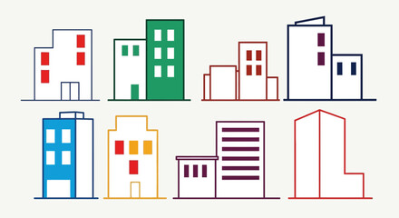 Naklejka premium Colorful Modern Building Silhouettes Collection: Flat Design Icons for Cityscape