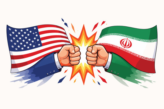 Geopolitical conflict concept between United States and Iran featuring national flags of USA and Iran in flat linear style, representing international tension and diplomatic relations vector.