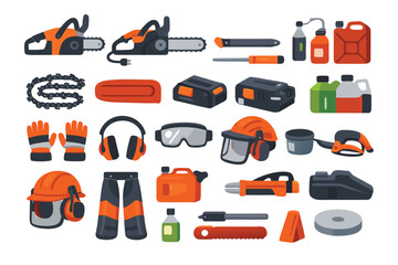 Naklejka premium Professional Chainsaw Equipment and Safety Gear Set, Flat Vector Icons of Power Tools, Rechargeable Batteries, Helmets, Gloves, and Protective Accessories for Forestry and Woodworking Projects