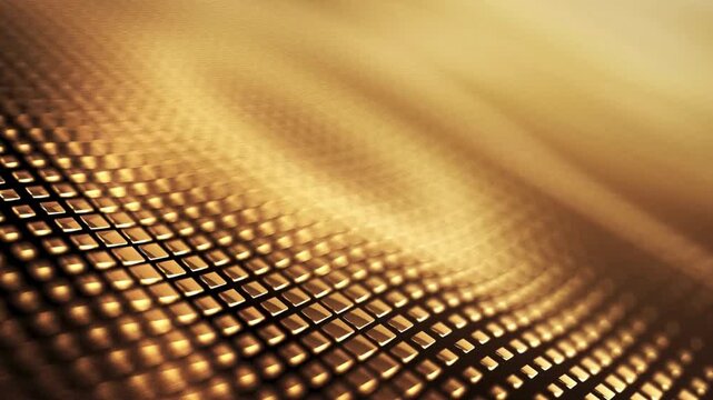 Close up of shimmering golden textured surface with small squares flowing like water waves in subtle motion and soft light, elegant background.