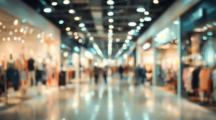 Fototapeta premium A blurred view of a bustling shopping mall showcasing various retail stores and bright lights.