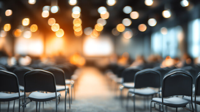 A blurred perspective of an empty conference room with illuminated lights and chairs ready for an event.