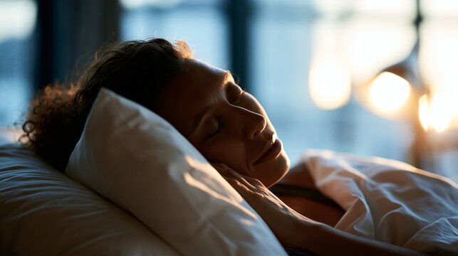 A figure silhouette rests peacefully on a soft white pillow enjoying calm comfortable sleep in soft morning light healthy sleep faceless silhouette modern interior soft
