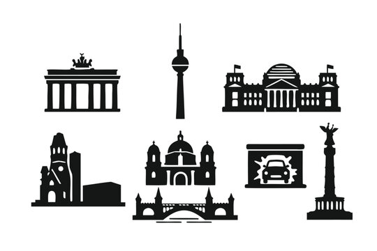 Simple flat vector illustration set of iconic Berlin landmarks in silhouette style including Brandenburg Gate TV Tower and Reichstag for travel tourism and German city branding designs.