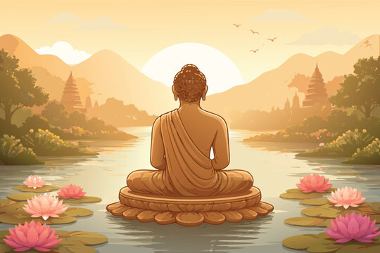 Lord Mahavir statue backview illustration for Mahavir Jayanti 2026 greeting card design, spiritual Jainism religious festival concept with simple flat vector art and peaceful aura glowing background.