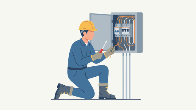 Professional Electrician in Blue Uniform and Yellow Hard Hat Repairing an Open Electrical Fuse Box with a Screwdriver, Flat Vector Illustration of Electrical Maintenance and Safety Concept.
