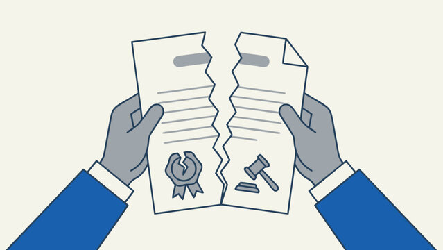 Flat vector illustration of a legal contract document being torn in half by two hands, representing breach of contract, termination of agreement, legal dispute, law violation, and cancellation.