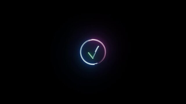 neon blue and purple color check mark icon animation tick mark correct accept select confirm success finishing circle animated on black background