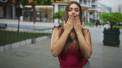 Fototapeta premium Young woman with open palms blowing a kiss toward camera on a city street, wearing red tank top and denim jeans; playful affection.