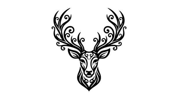 Ornate deer head vector illustration with decorative swirls on large antlers tribal stag portrait isolated on white background tattoo emblem design