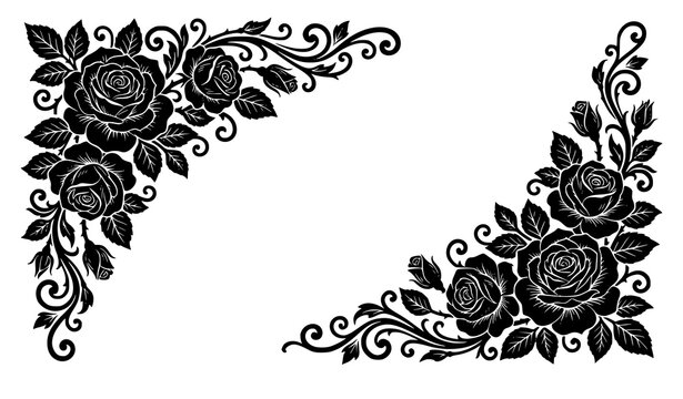 Vintage black rose flower corner borders set with ornate floral swirls and leaves isolated on white background gothic tattoo style vector illustration