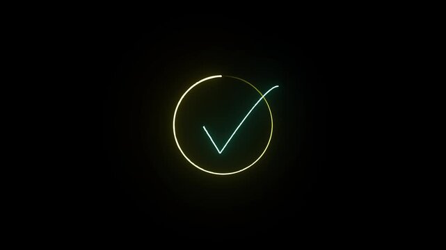 neon check mark icon animation tick mark correct accept select confirm success finishing circle animated on black background