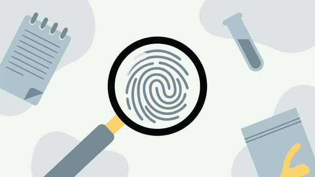 Forensic Science Investigation Concept with Magnifying Glass Over Fingerprint, Evidence Bag, Test Tube, and Notebook. Flat Vector Illustration for Criminology, Law Enforcement, and Crime Scene.