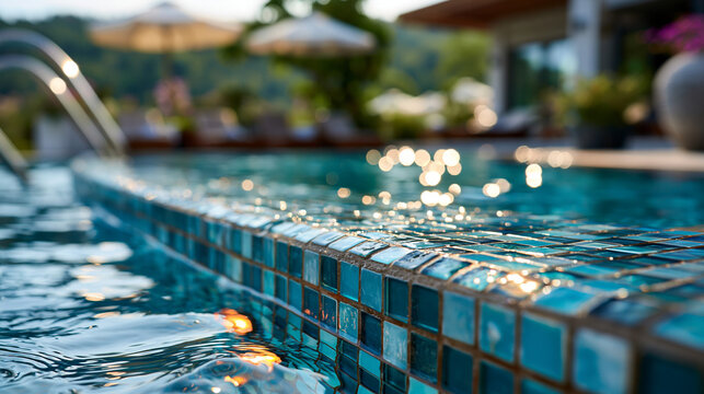 An intricate soft mosaic glows beside a bright softly defocused pool at a calm luxury hotel mosaic detail faceless background blurred backdrop intricate mosaic poolside