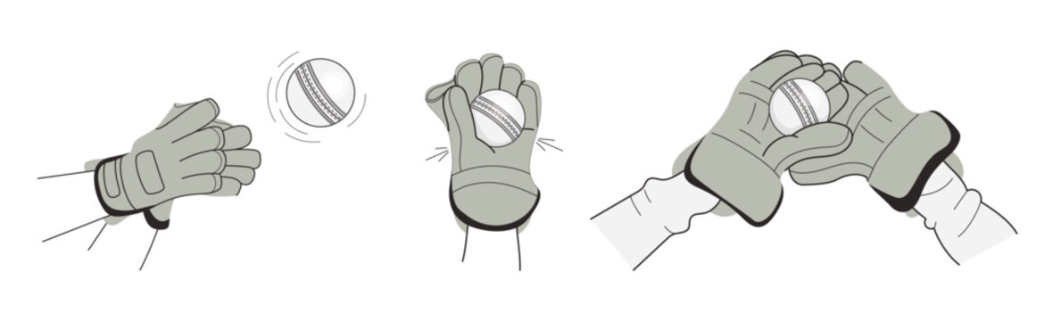 Professional Cricket Hands in Gloves Catching White Ball Set. Flying Ball, One Hand Catch and Two Hands Holding for Night Match. Isolated Modern Minimalist Vector Illustration.