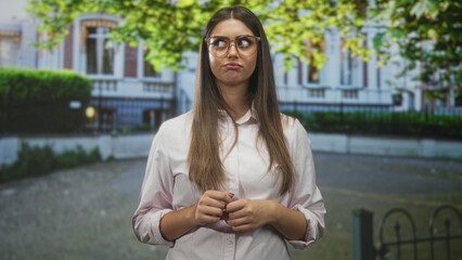 Fototapeta premium Woman with glasses clasps hands and fidgets fingers while standing before a leafy urban building on a quiet street; uncertainty thoughtful reflection.