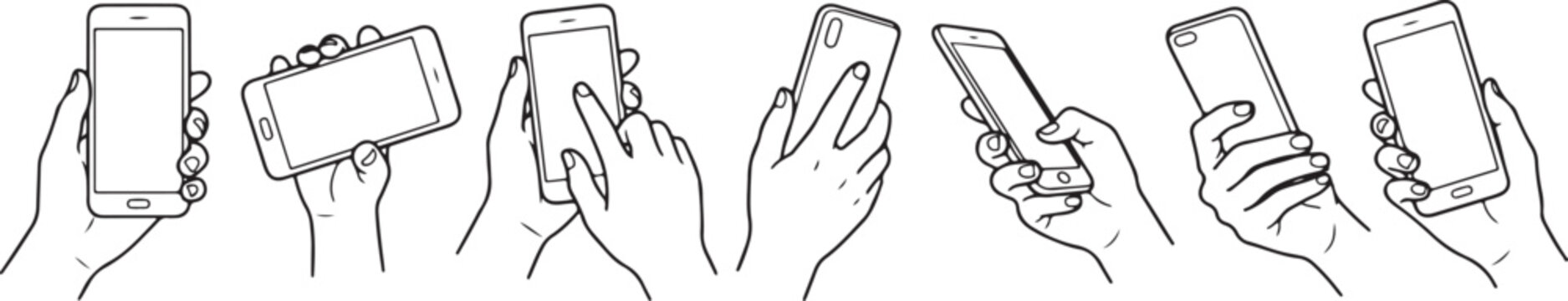 Line drawing of hands holding a smartphone in different positions and angles  various ways to hold a cell phone